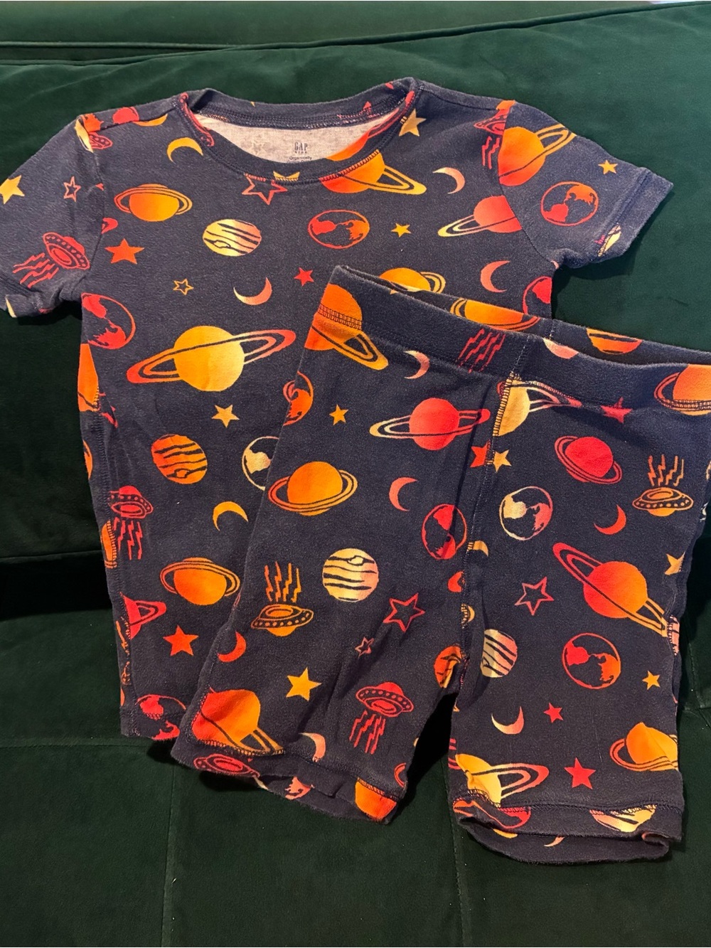GAP Pajama Set‎ Kids Size 8 Navy Orange Yellow Space Planet Star Print 2pc Sleep